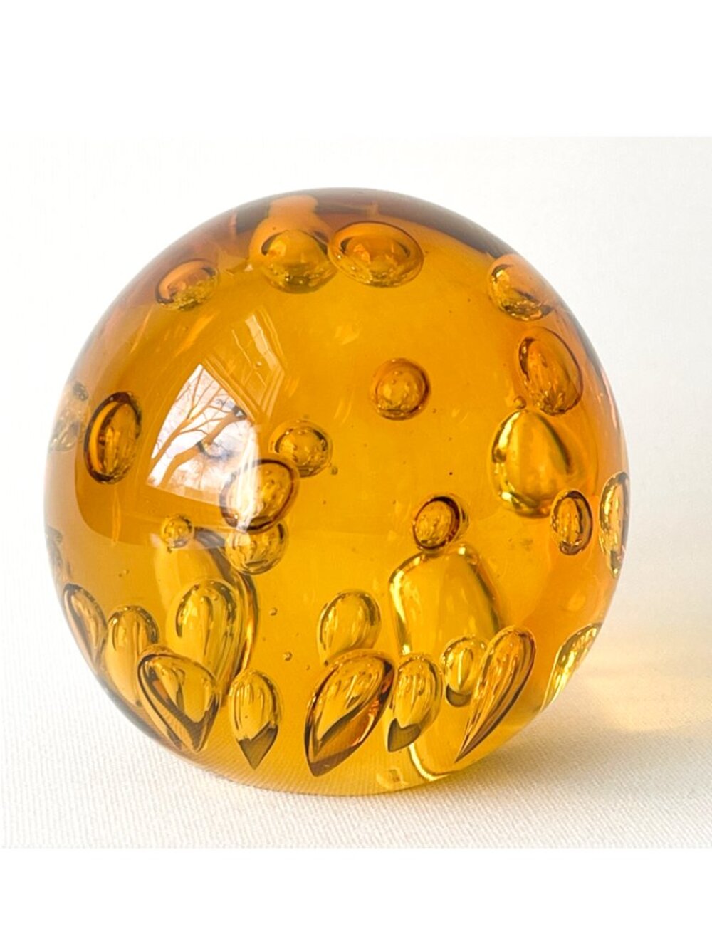 Vintage Amber Controlled Bubble Paperweight Art Glass Orb MCM